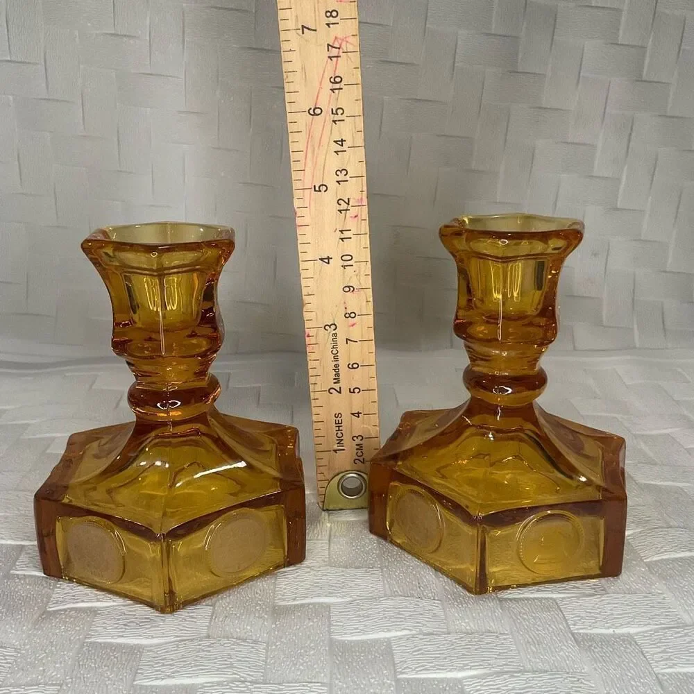 Set of 2 Vintage Amber Fostoria Coin Glass Candle Stick Holders 5” 4.5 INCH TALL
